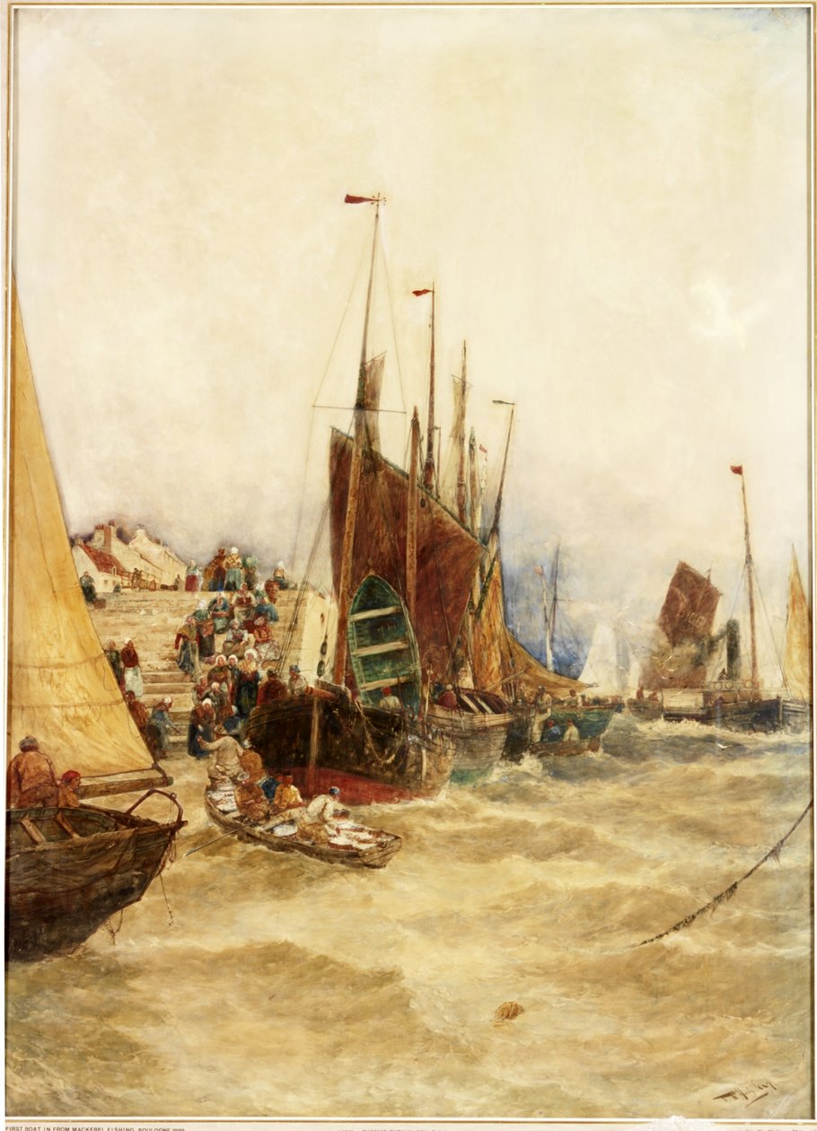 Pierwsza łódź z połowów makreli, Boulogne, 1889 (akwarela na papierze ułożona na płótnie) autorstwa Thomas Bush Hardy