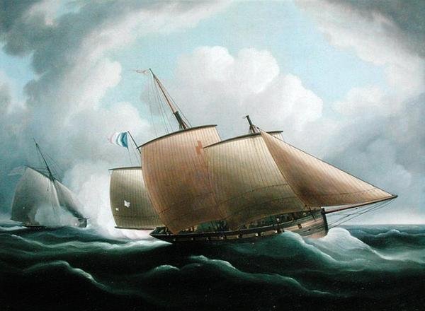 Francuski lugger ścigany przez angielskiego kutra (olej na płótnie) autorstwa Thomas Buttersworth