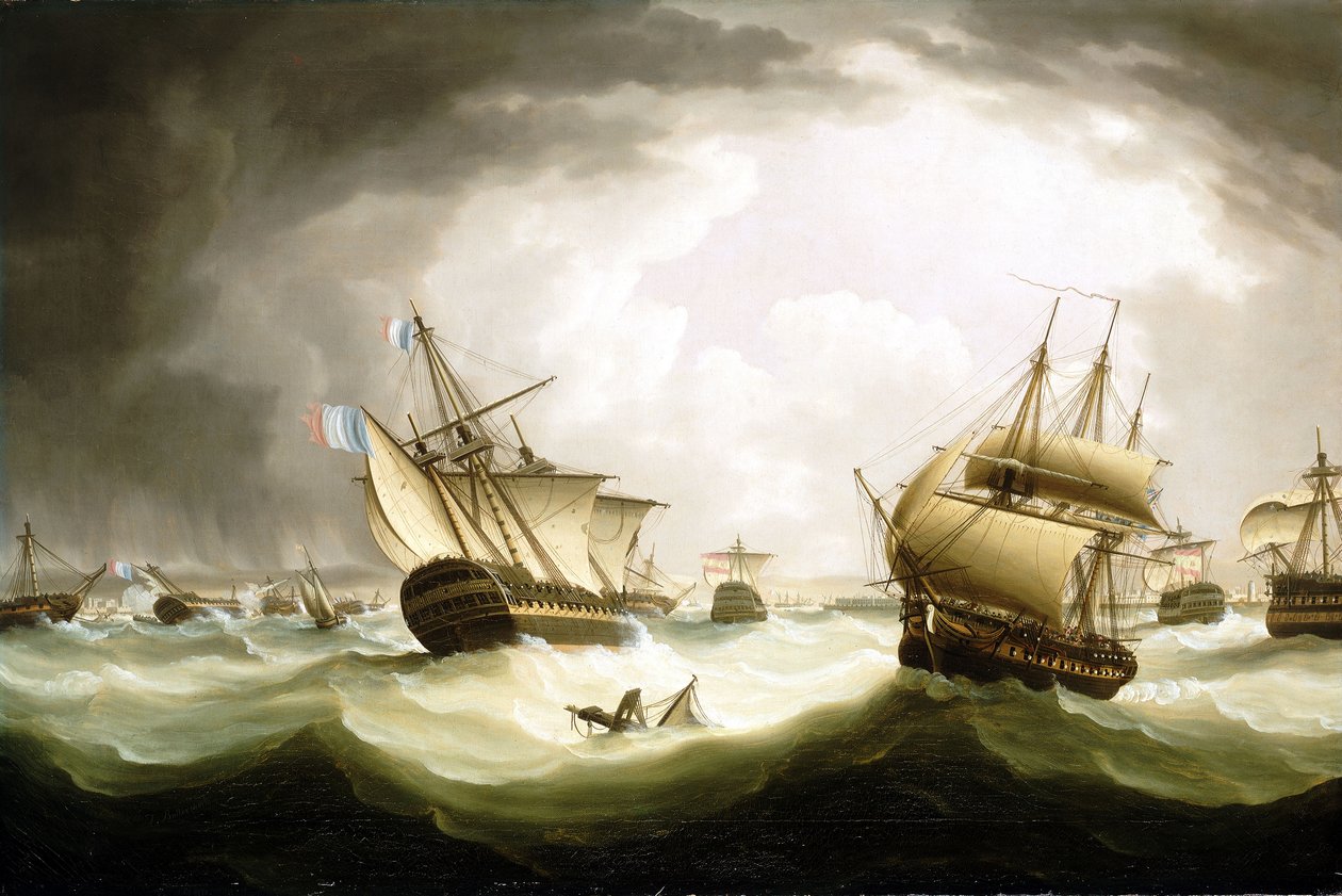 Bitwa pod Trafalgarem, 21 października 1805, koniec akcji, początek XIX wieku (olej na płótnie) autorstwa Thomas Buttersworth