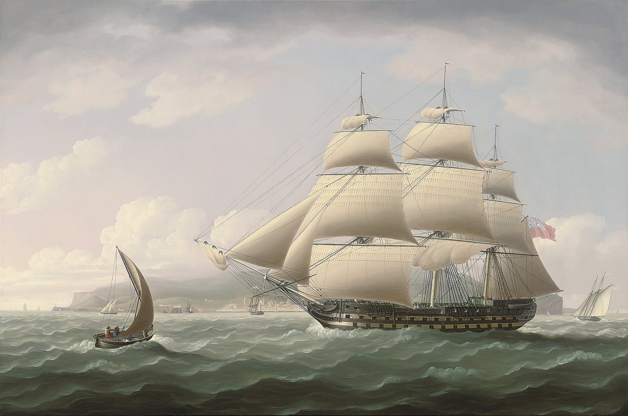 Statek Dunira należący do Kompanii Wschodnioindyjskiej mijający zatokę Funchal na Maderze - Thomas Buttersworth autorstwa Thomas Buttersworth