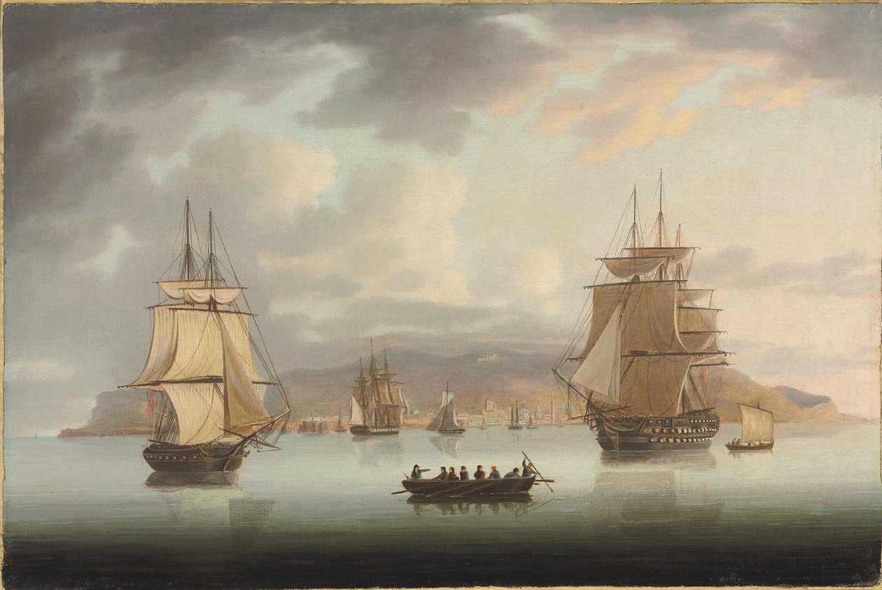 Funchal Roadstead, H.M.S. Blenheim z chartem i błotniakiem na zewnątrz, 1805 autorstwa Thomas Butterworth