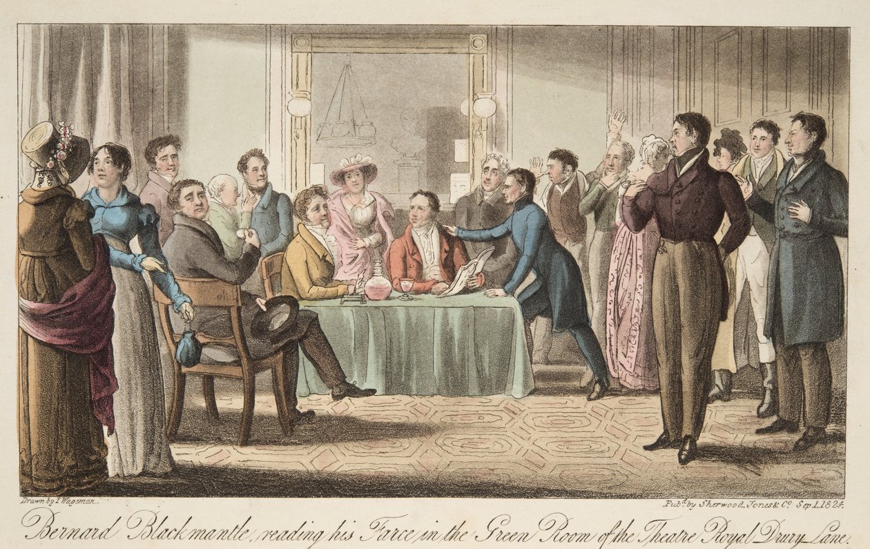 Bernard Blackmantle czytający swoją farsę w Green Room of Covent Garden Theatre, z The English Spy, wyd. 1824 (grawerowanie ręcznie kolorowane) autorstwa Thomas Charles Wageman