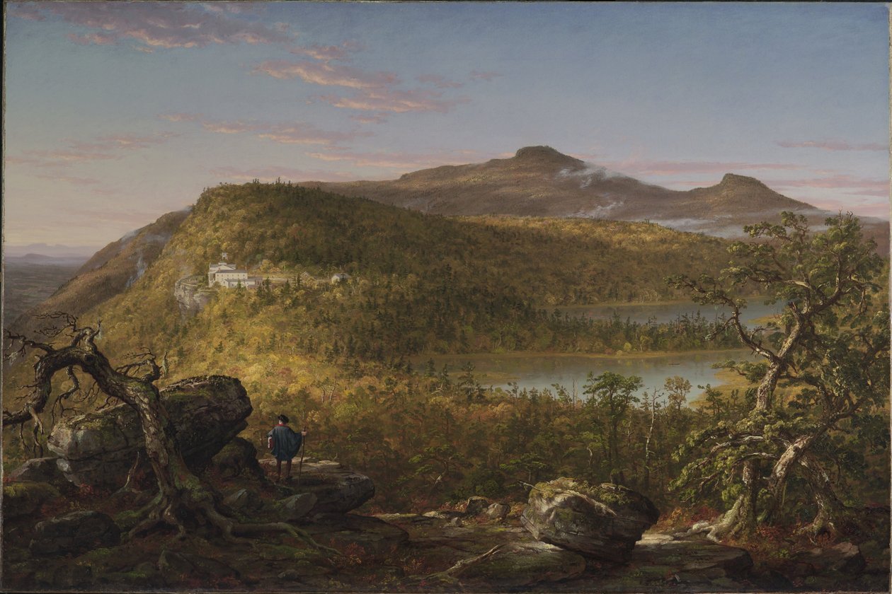 Widok na dwa jeziora i Mountain House, Góry Catskill, poranek autorstwa Thomas Cole