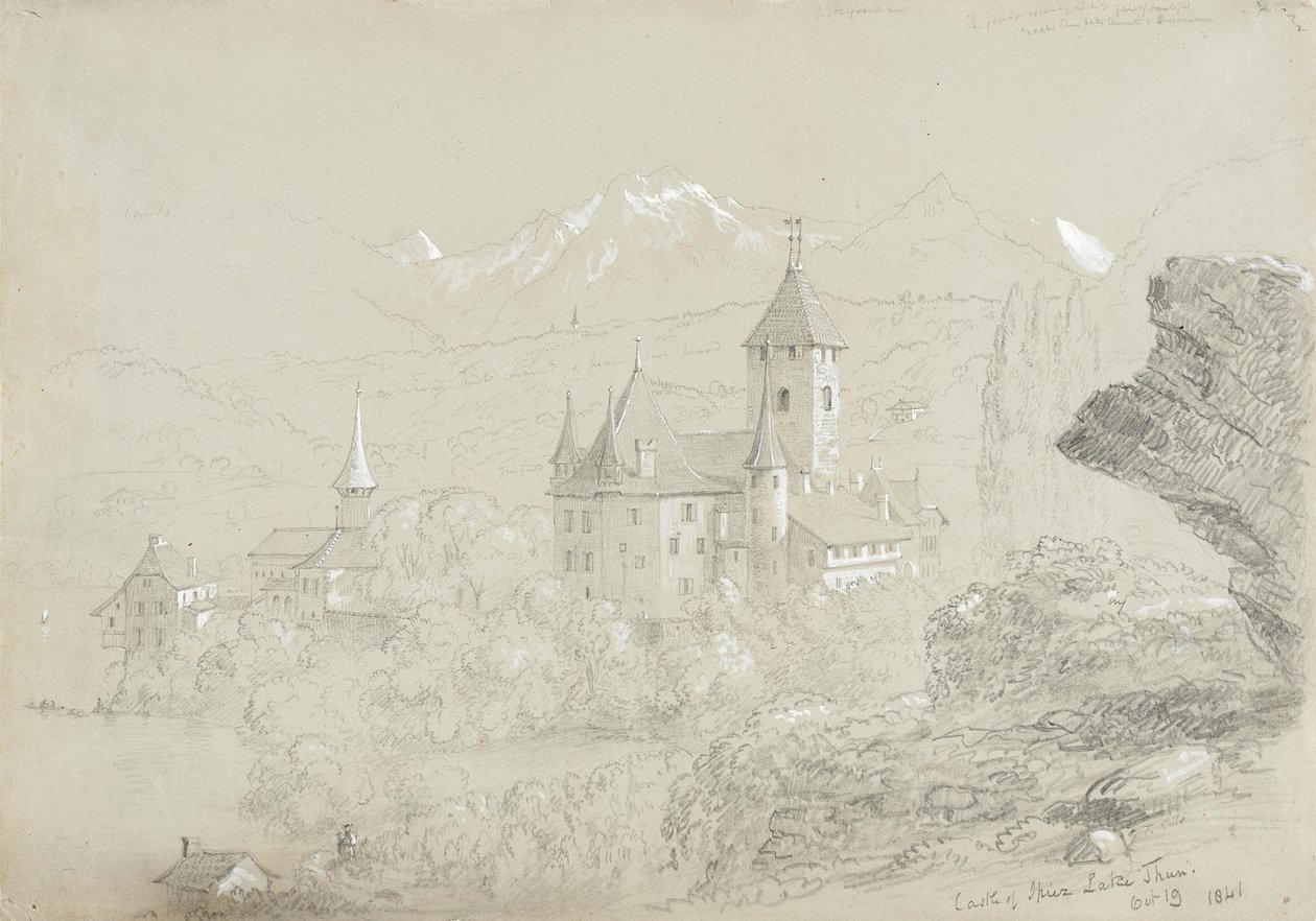 Zamek Spiez, 1841 (ołówek i gwasz na szaro-zielonym papierze) autorstwa Thomas Cole