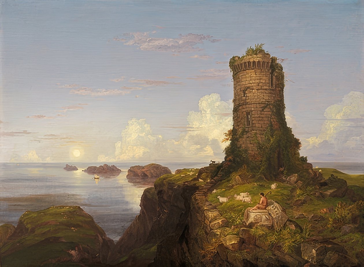 Włoskie wybrzeże z zrujnowaną wieżą. 1838 autorstwa Thomas Cole