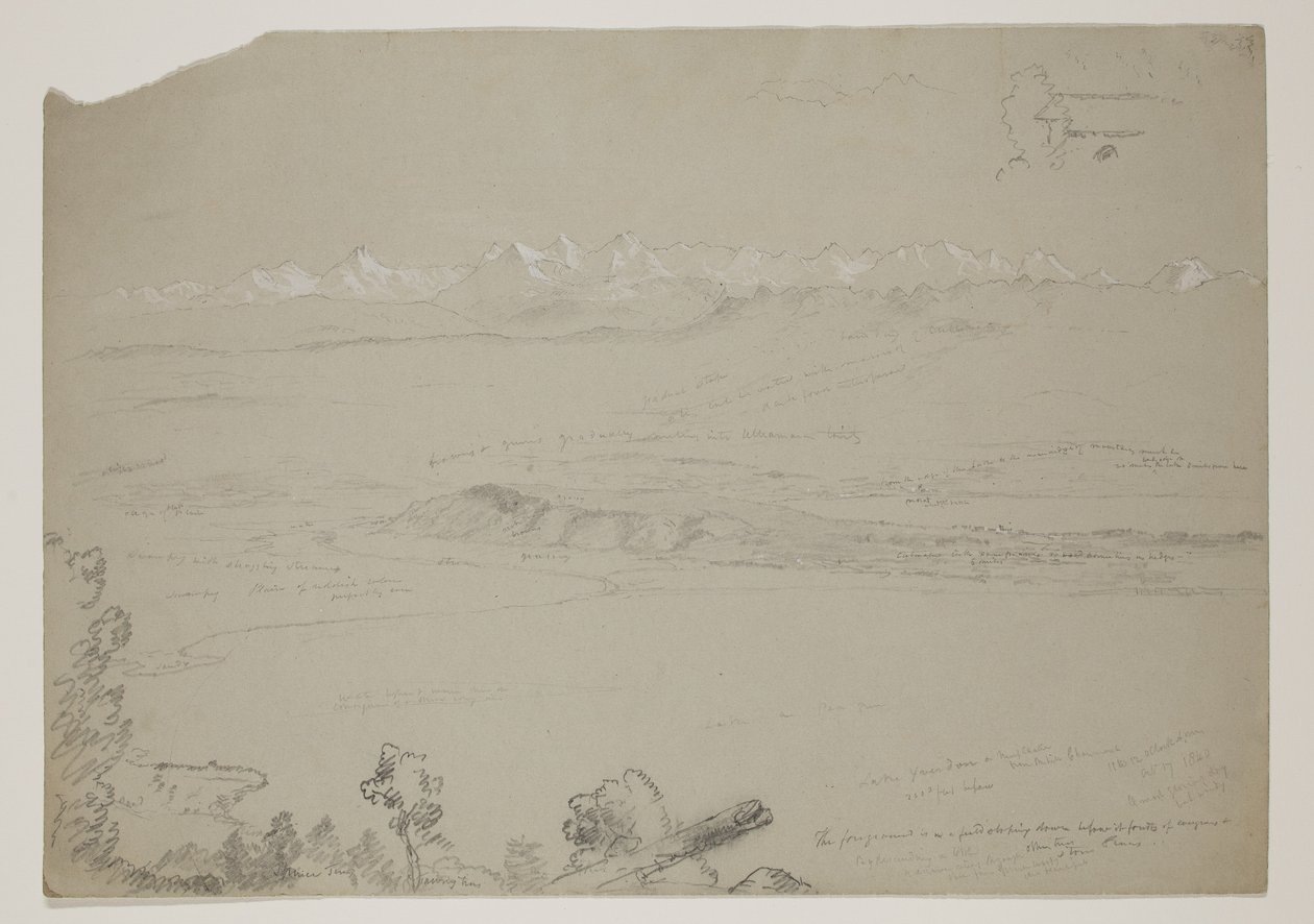 Jezioro Yverdon lub Neuchatel ze wzgórza Chaumont, Szwajcaria, 1841 (ołówek wzmocniony gwaszem na papierze) autorstwa Thomas Cole