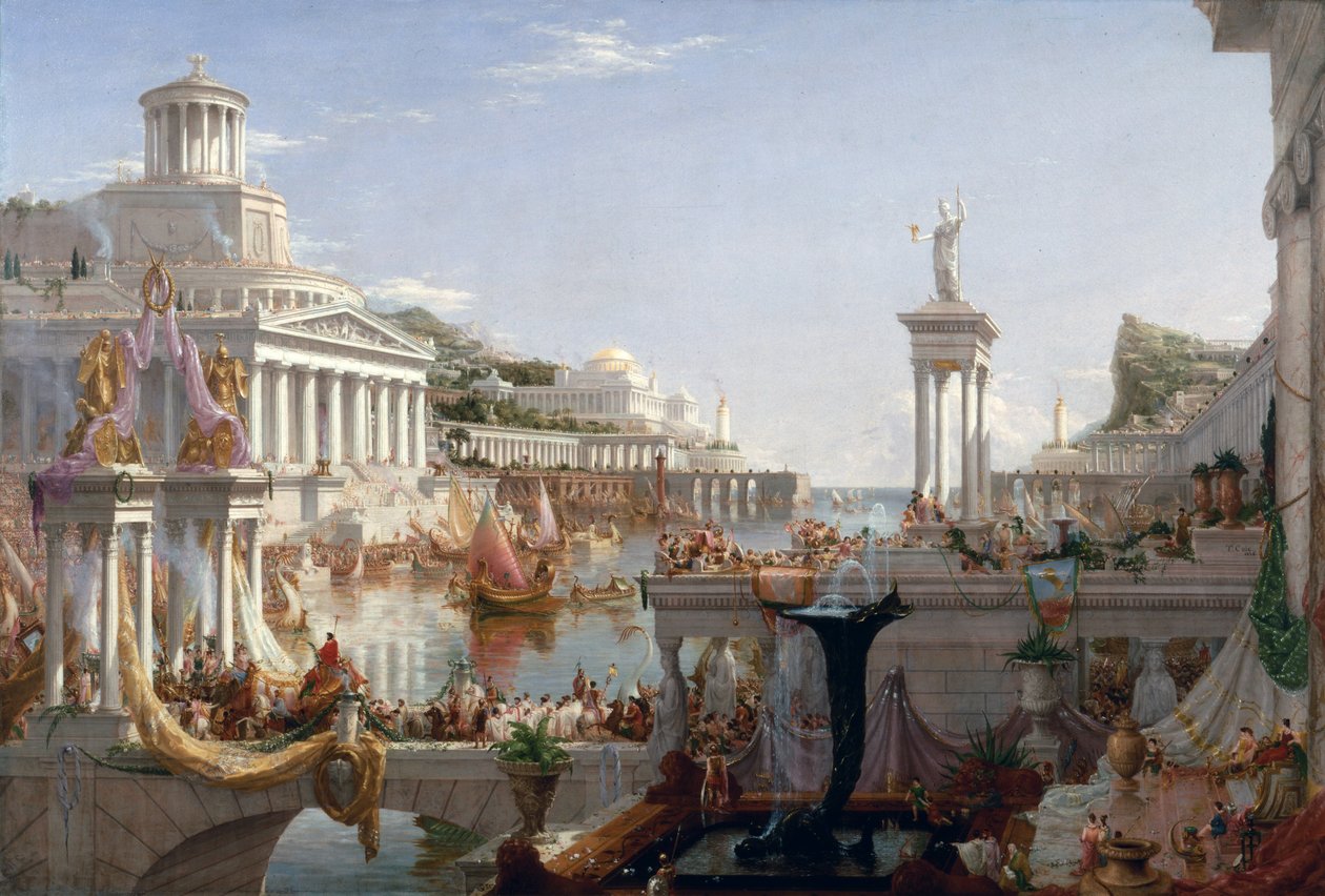 Przebieg konsumpcji Imperium - Apoteoza Cesarstwa Rzymskiego. W drugim planie wyspa Atlantyda (Atlantyda) w całej okazałości. Obraz Thomasa Colea autorstwa Thomas Cole