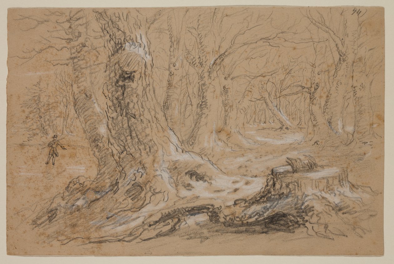 Drzewa zimą z mężczyzną stojącym nad zamarzniętym strumieniem (ołówek i gwasz na papierze) autorstwa Thomas Cole