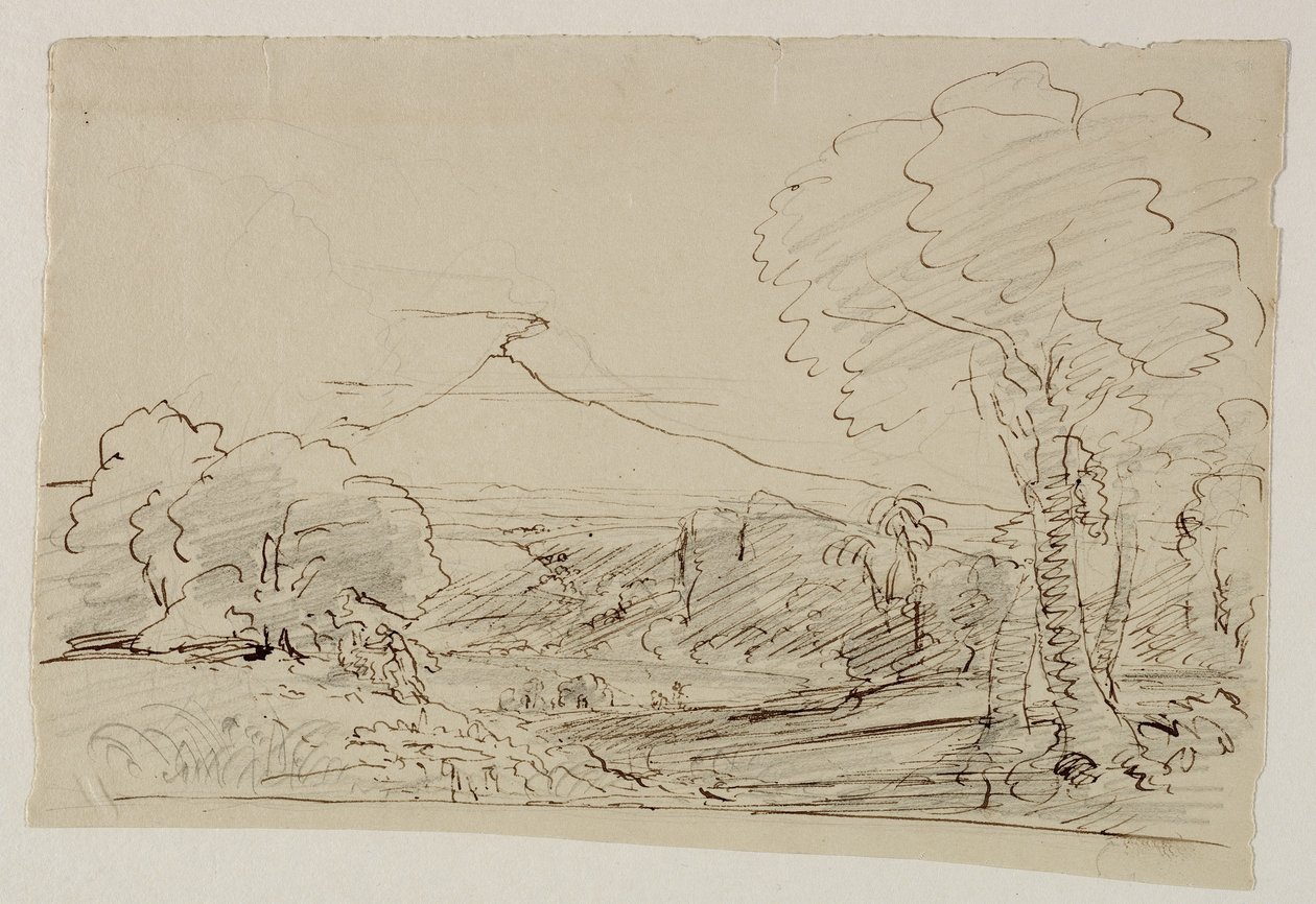 Wulkan, jezioro, polowanie na figury, 1846-47 (pióro i atrament z ołówkiem na papierze) autorstwa Thomas Cole