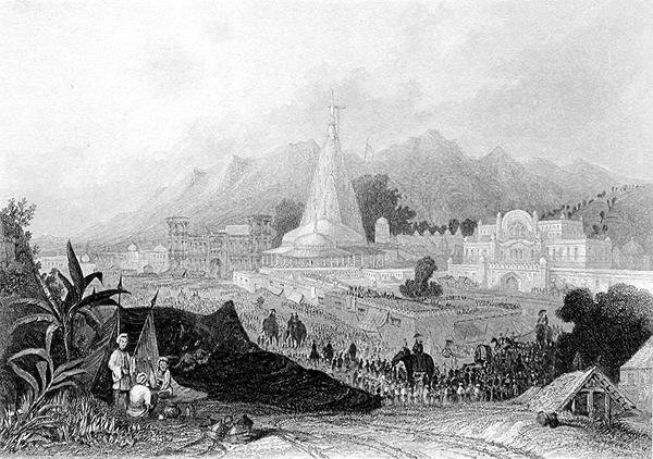 Wielka Świątynia, Hurdwar, z procesją pielgrzymów hinduskich, grawerowane przez W. Findena, z „World Religion”, wyd. A. Fullarton & Co. (rycina) autorstwa Thomas Colman (after) Dibdin