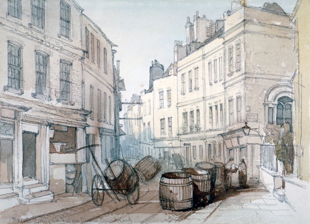 Bread Street Hill i St Nicholas Olave Churchyard, City of London, ok. 1850 autorstwa Thomas Colman Dibdin