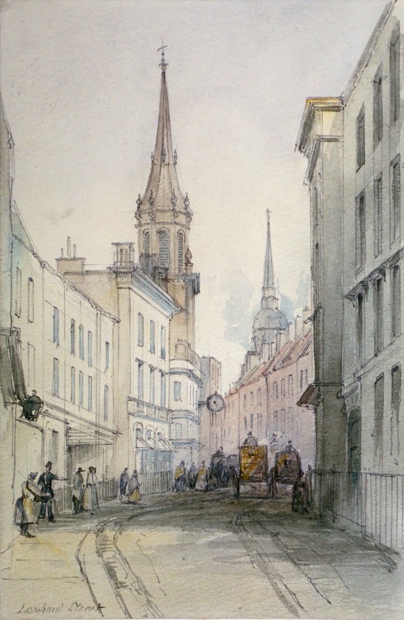 Widok wzdłuż Lombard Street, patrząc na wschód, z postaciami i powozami, City of London, 1851 autorstwa Thomas Colman Dibdin