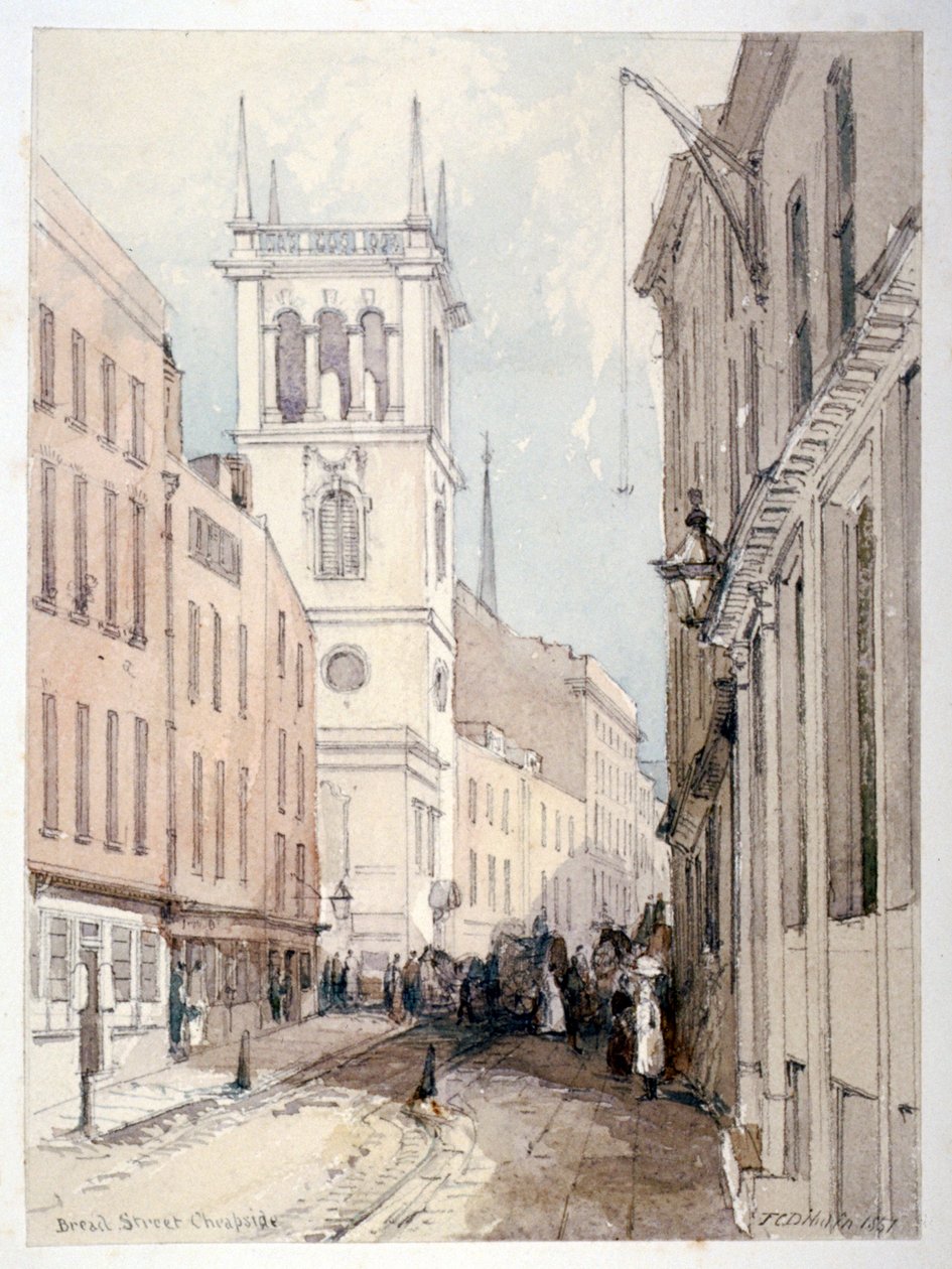 Widok na kościół All Hallows Church, budynki i figury na Bread Street, City of London, 1851 autorstwa Thomas Colman Dibdin