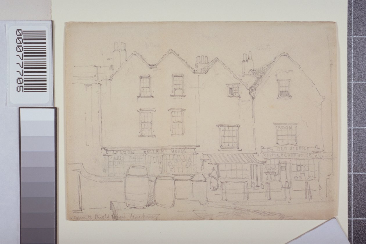 Widok budynków przy Church Street, Hackney, ok.1835 autorstwa Thomas Colman Dibdin