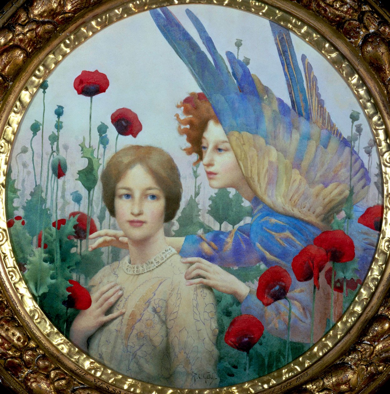"Przesłanie" Młoda kobieta i anioł na polu maków. Obraz Thomasa Coopera Gotcha (1854-1931) (Prerafaelita) Kolekcja prywatna autorstwa Thomas Cooper Gotch