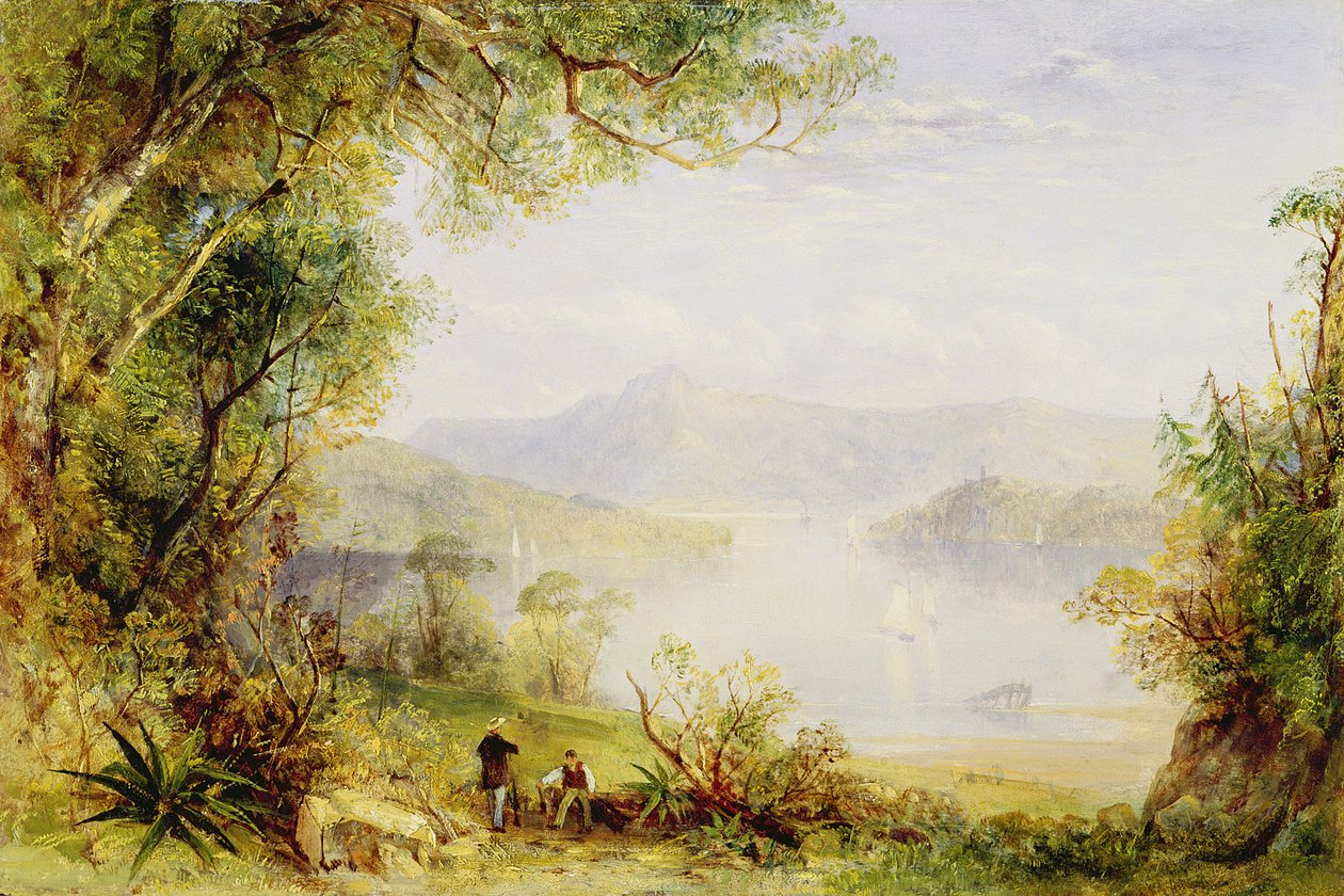 Widok na rzekę Hudson, ok. 1840-1845 (olej na panelu) autorstwa Thomas Creswick