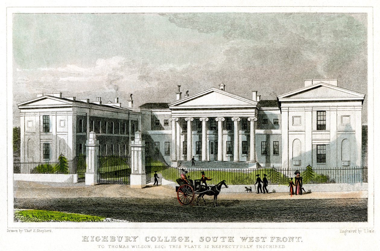 Highbury College, front południowo-zachodni, Islington, Londyn, 1827. autorstwa Thomas Dale