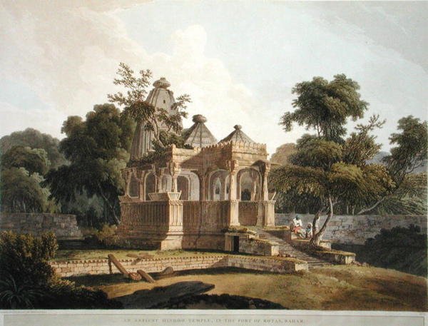 Antyczna świątynia hinduska w forcie Rotas, Bahar, tablica 12 z „Oriental Scenery: Twenty Four Views in Hindoostan”, opublikowana w 1796 r. (kolor litho) autorstwa Thomas Daniell