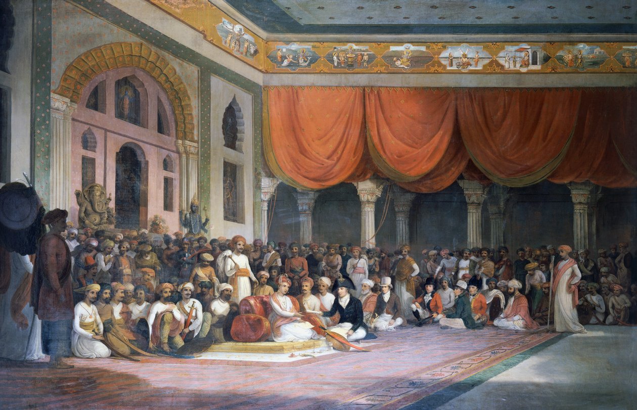 Charles Warre Malet zawierający traktat z Peshwą z Imperium Marathów w 1790 roku w Durbar autorstwa Thomas Daniell