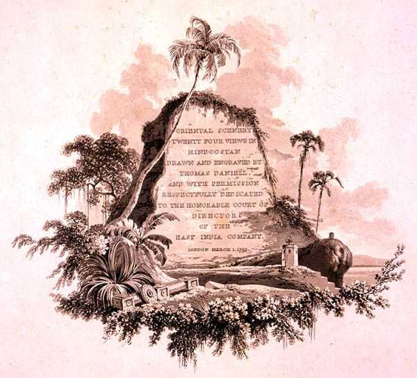 Frontyspis z „Oriental Scenery: Dwadzieścia cztery widoki w Hindoostanie” autorstwa Thomas Daniell