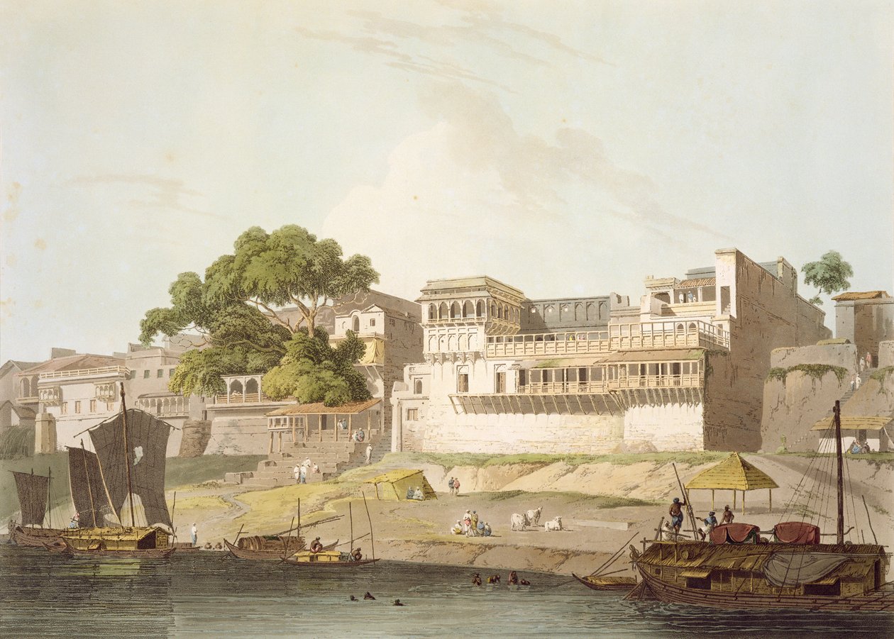 Część miasta Patna, nad rzeką Ganges, z „Pejzaż orientalny: dwadzieścia cztery widoki w Hindoostanie”, 1795 autorstwa Thomas Daniell
