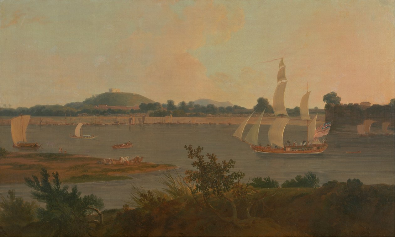 Pinnace płynący w dół Gangesu obok fortu Monghyr autorstwa Thomas Daniell