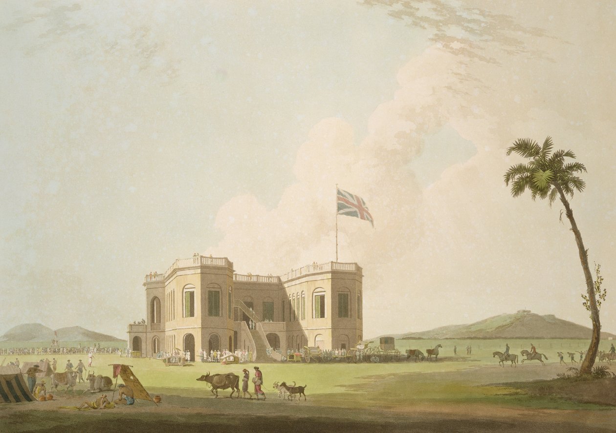 The Assembly Rooms na torze wyścigowym w pobliżu Madrasu, płyta 37 z „Oriental Scenery: Twenty Four Views in Hindoostan”, ryt. Thomas i William (1769-1837) Daniell, wydana w 1798 r. autorstwa Thomas Daniell
