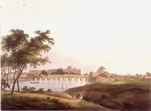The Bridge at Juonpore, Bengal, rycina H. Merke (fl.1800-20) wyd. Edwarda Orme (1774-c.1820) 1804 (lito) autorstwa Thomas Daniell