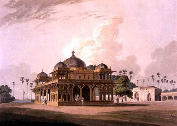 Mauzoleum Mucdoom Shah Dowlut w Moneah nad rzeką Soane, z filmu „Pejzaż orientalny: dwadzieścia cztery widoki w Hindoostanie” autorstwa Thomas Daniell