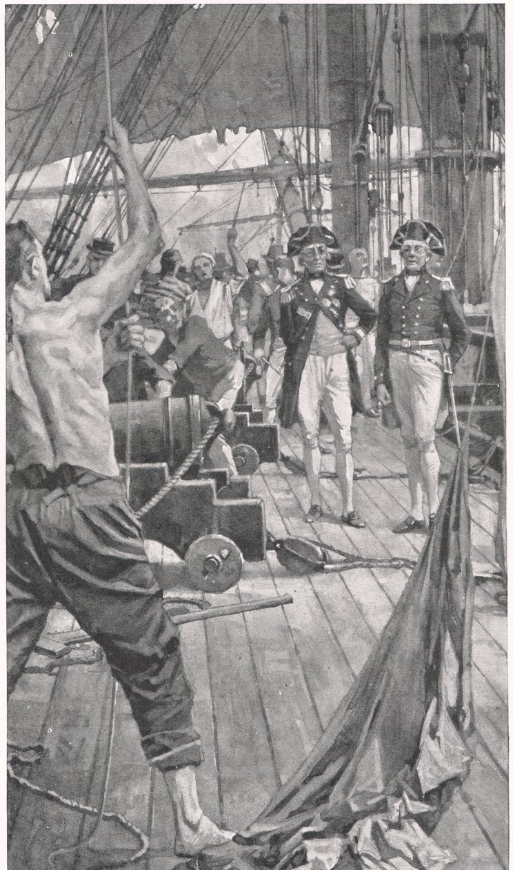 Hoisting the Famous Signal, ilustracja z „British Battles on Land and Sea”, wydanej przez Cassell, Londyn, ok. 1910 autorstwa Thomas Davidson