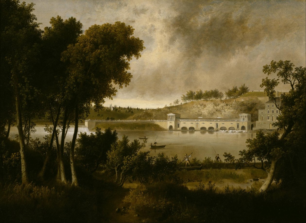 Widok na wodociągi Fairmount w Filadelfii z przeciwległego brzegu rzeki Schuylkill autorstwa Thomas Doughty
