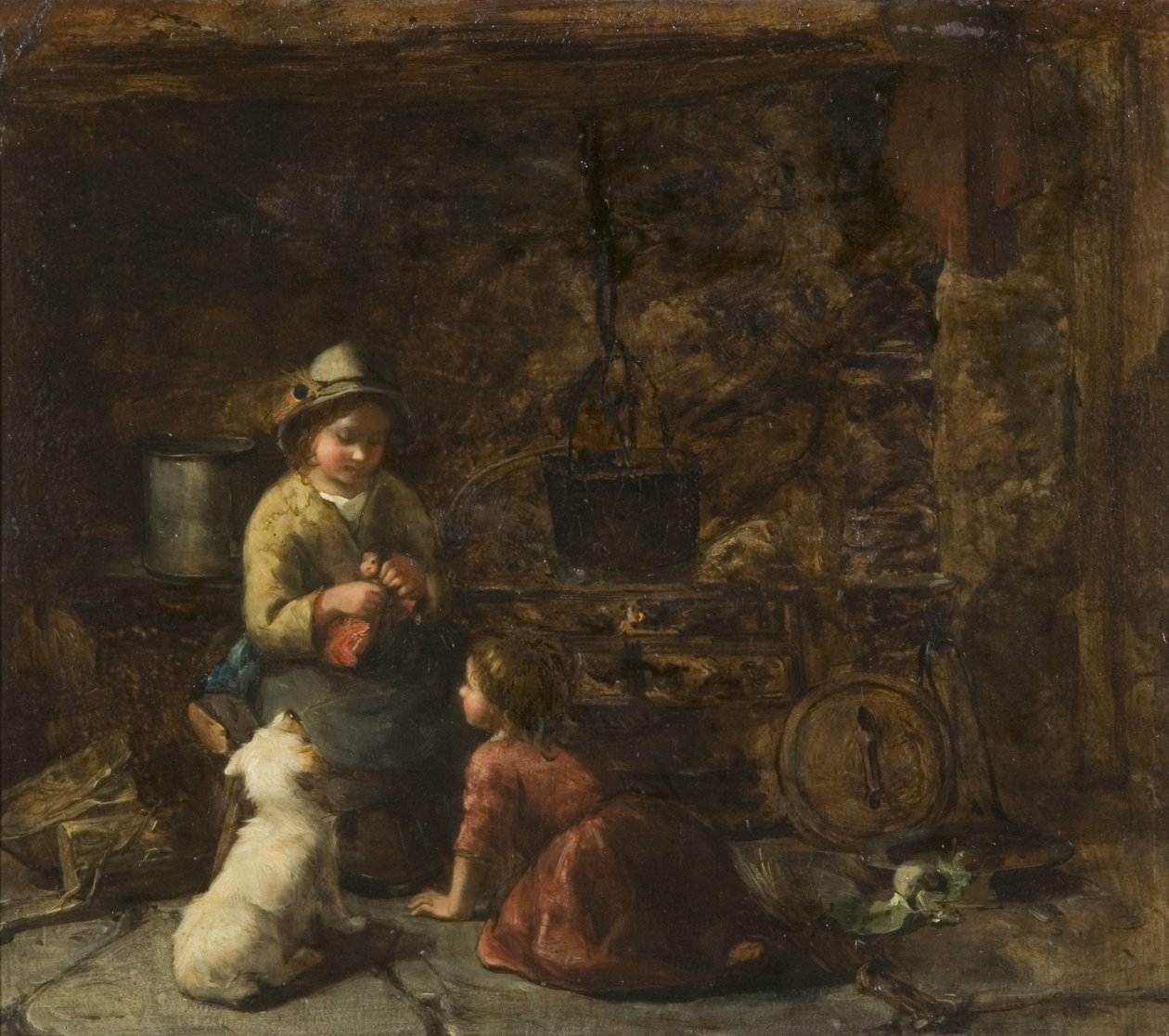 Wnętrze domku z dwójką dzieci, ok.1850 (olej na tekturze) autorstwa Thomas Faed