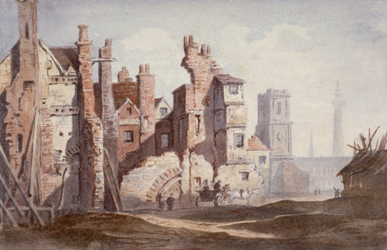 Rozbiórka starych domów w pobliżu Walbrook, aby zrobić miejsce dla King William Street, City of London, 1834. autorstwa Thomas Faed