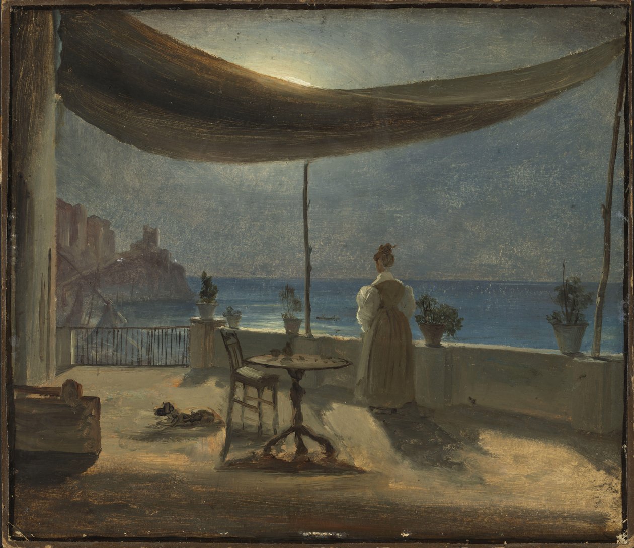 Taras w Amalfi w świetle księżyca, ok. 1834 r. (olej na papierze zamontowany na płycie) autorstwa Thomas Fearnley