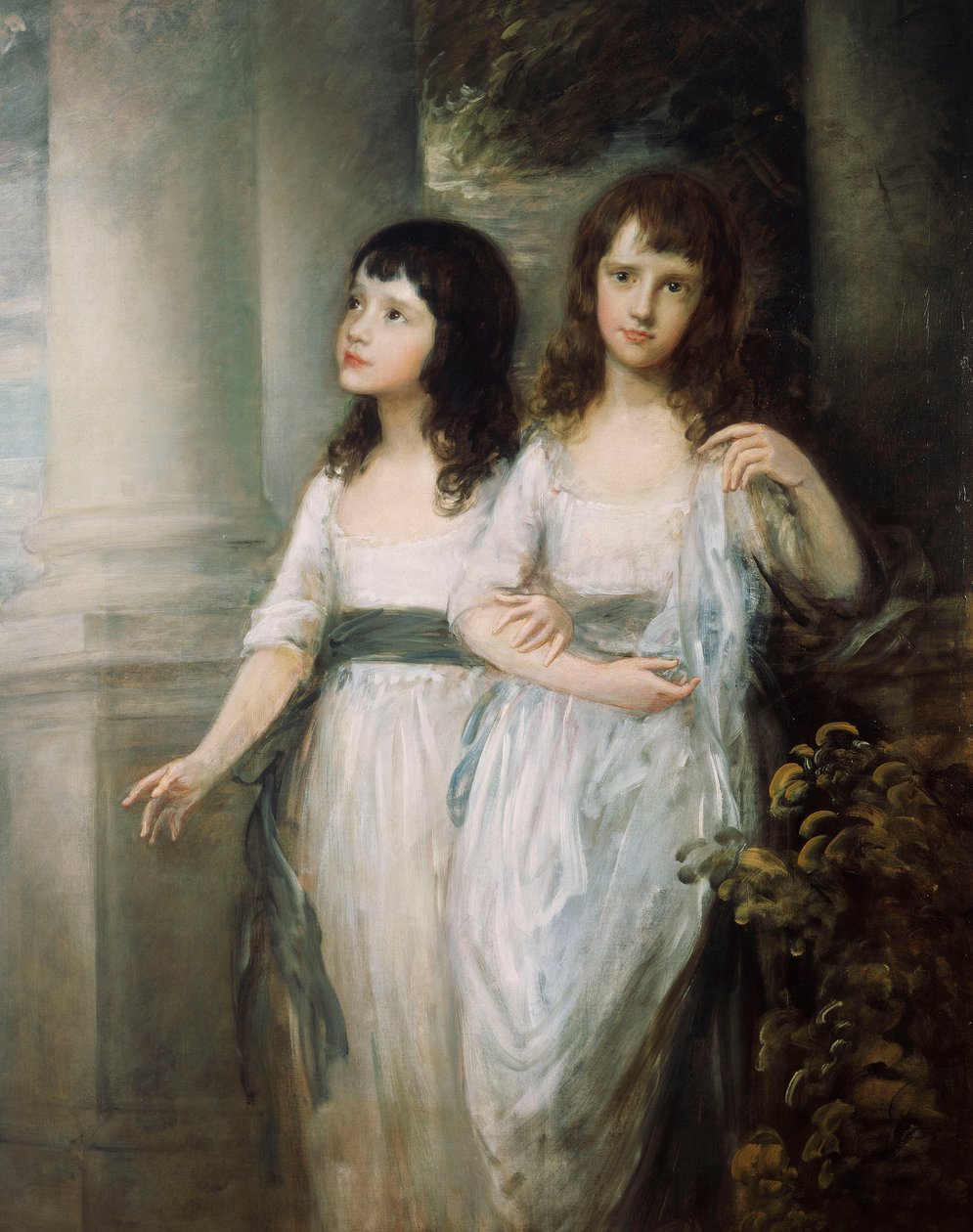 Grupowy portret panien Sloper, stojących prawie na całej długości w białych sukienkach z niebieskimi szarfami, autorstwa Thomas Gainsborough