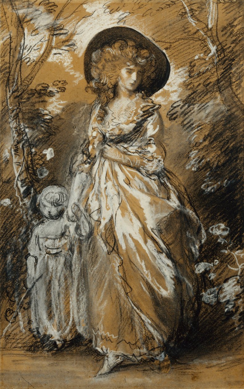 Pani spacerująca po ogrodzie, stojąca na całej długości i trzymająca za rękę swoje małe dziecko; Prawdopodobnie studium dla Richmond Water-Walk, autorstwa Thomas Gainsborough