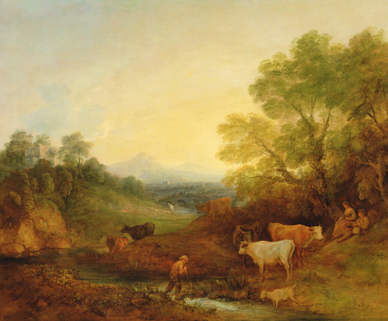 Pejzaż z bydłem i postaciami nad strumieniem i odległym mostem, ok. 1772-4 (olej na płótnie) autorstwa Thomas Gainsborough