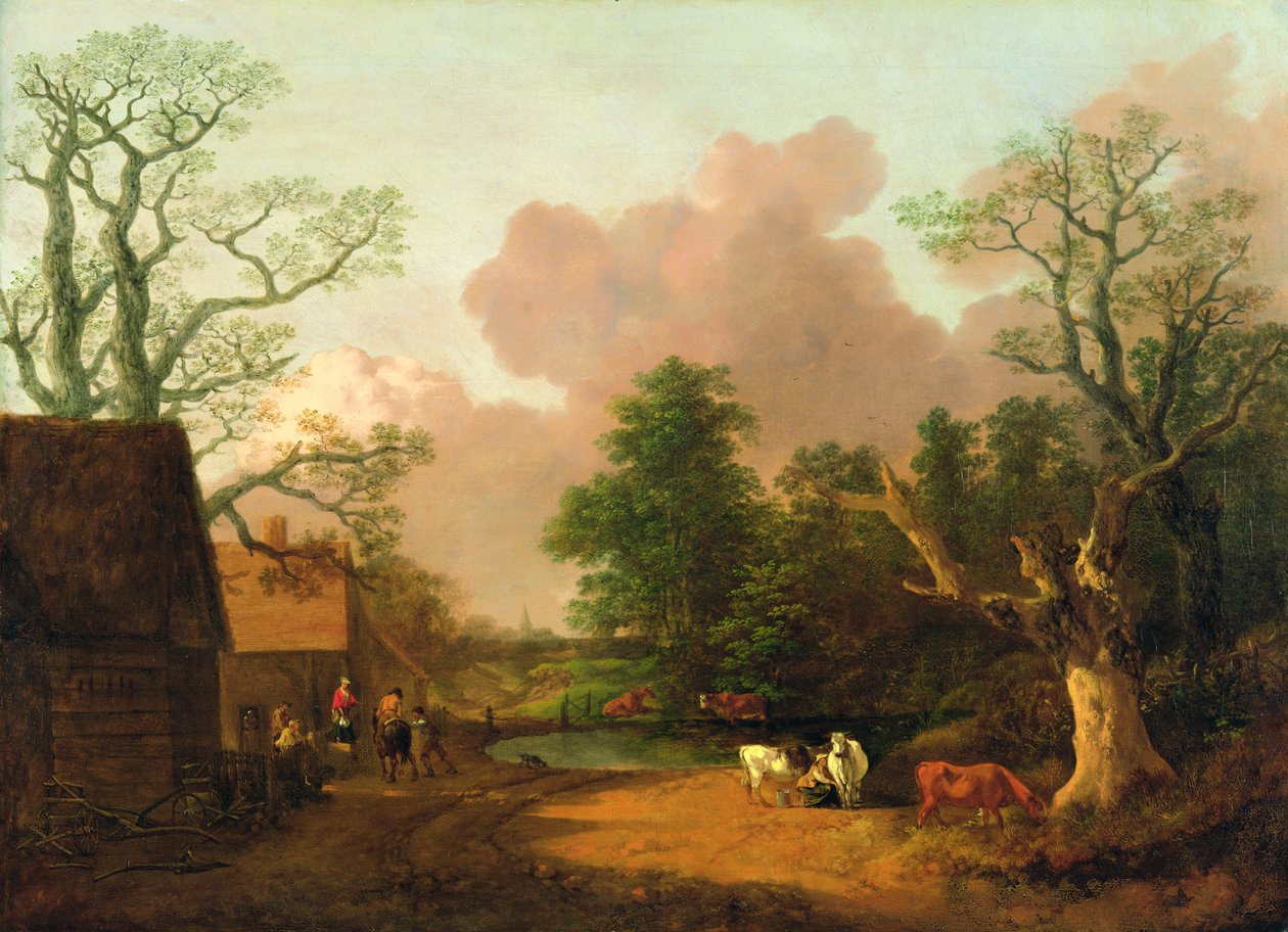 Krajobraz z postaciami, zabudowaniami gospodarczymi i dojarką, ok. 1754-6 (olej na płótnie) autorstwa Thomas Gainsborough