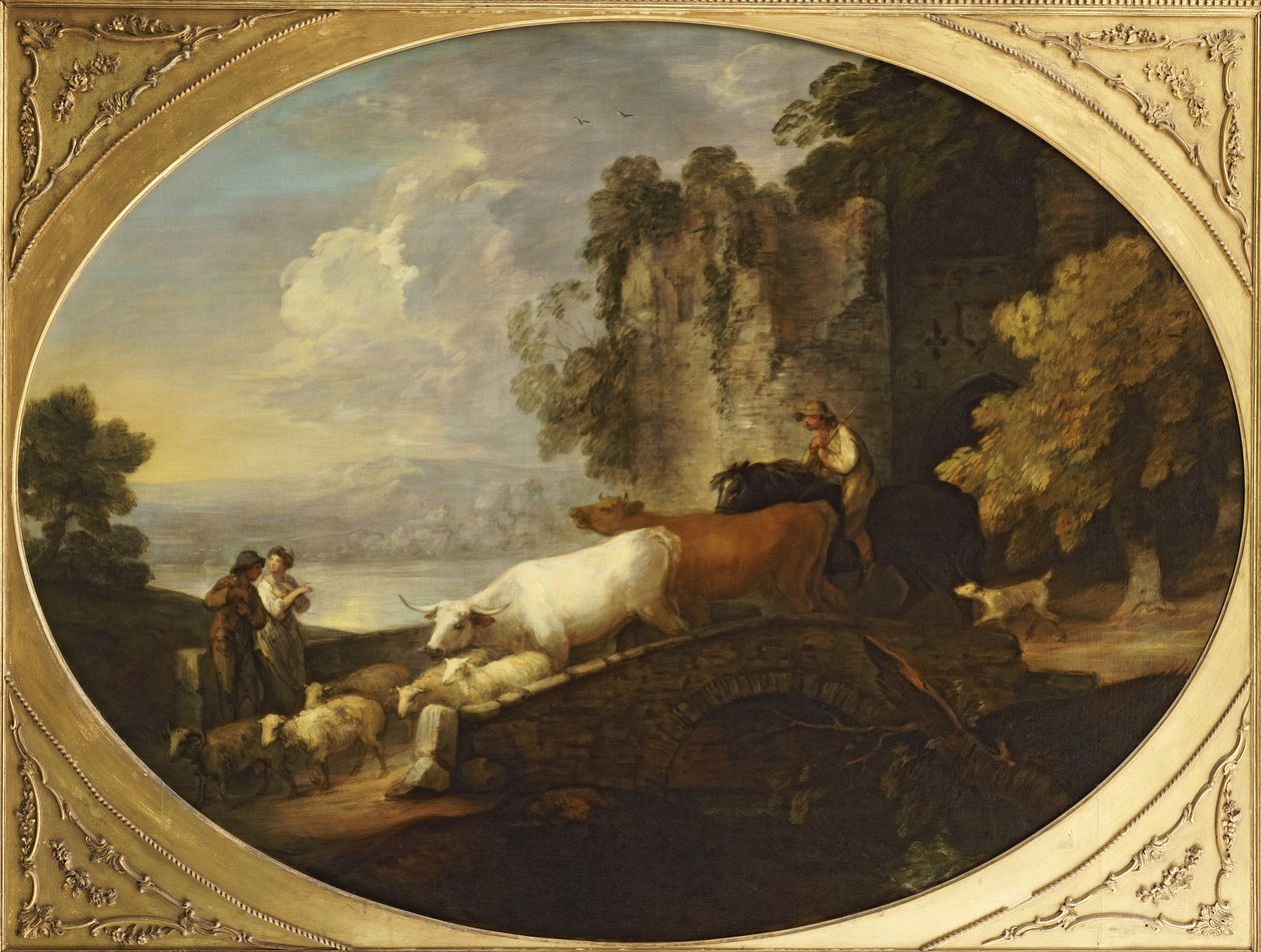Krajobraz rzeczny z rustykalnymi kochankami, konny pasterz prowadzący bydło i owce przez most, a za nim zrujnowany zamek autorstwa Thomas Gainsborough