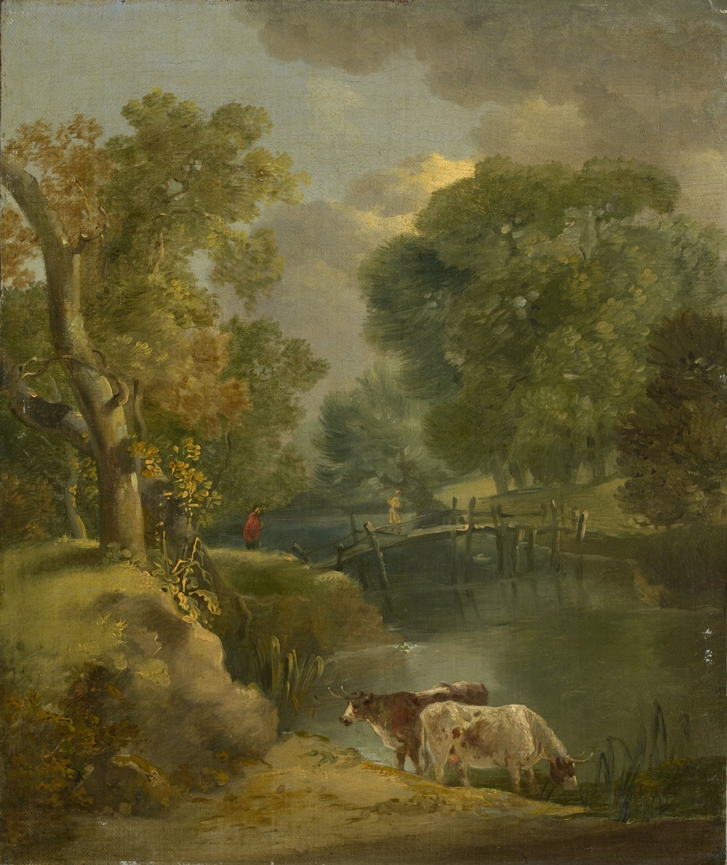 Pejzaż rzeczny z dwiema krowami i postacią na moście, XVIII w. autorstwa Thomas Gainsborough