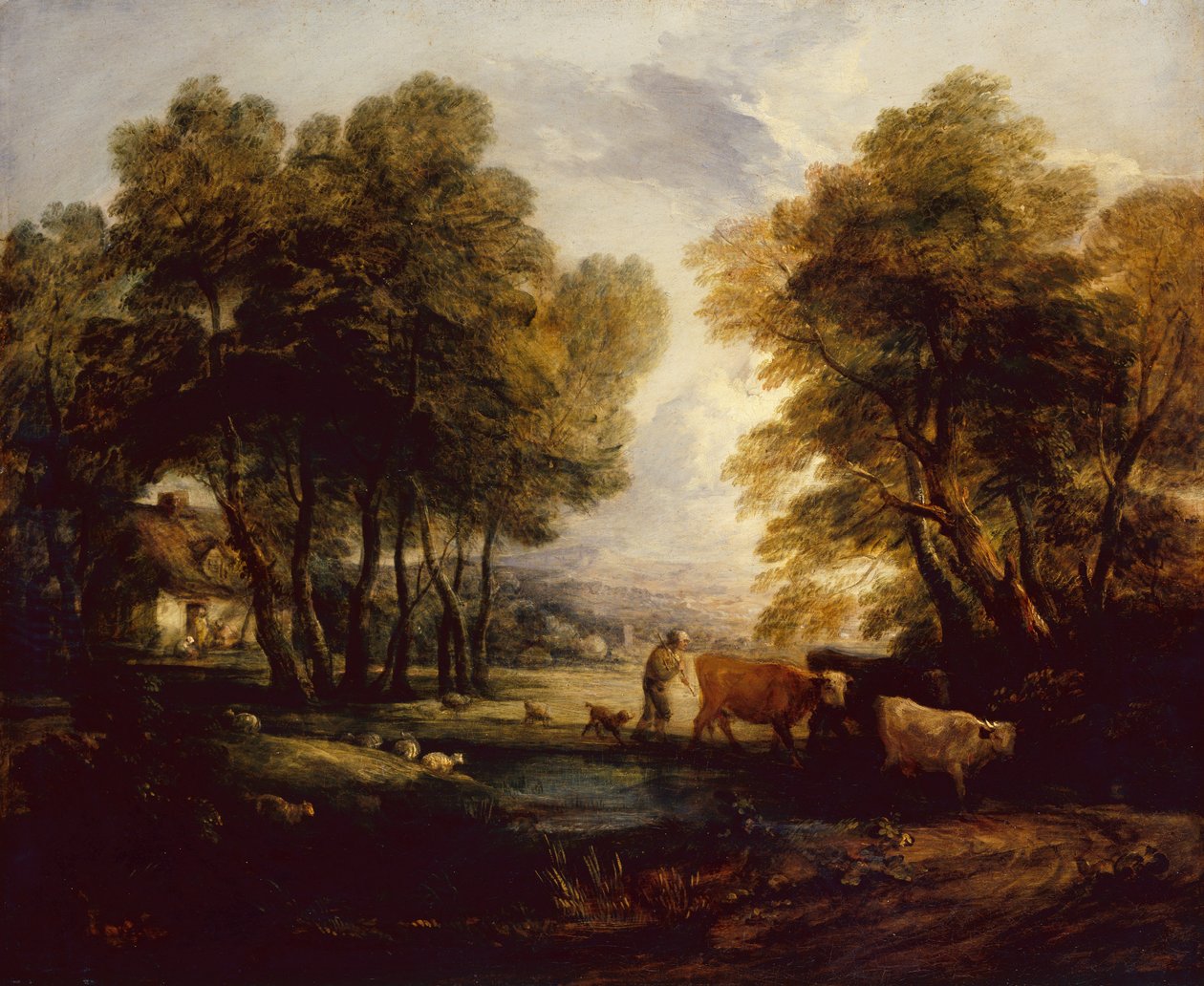 Zalesiony krajobraz z pasterzem, krowami i owcami w pobliżu sadzawki (olej) autorstwa Thomas Gainsborough