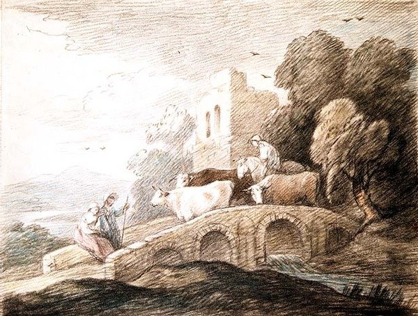 Most z przechodzącym bydłem (rysunek) autorstwa Thomas Gainsborough
