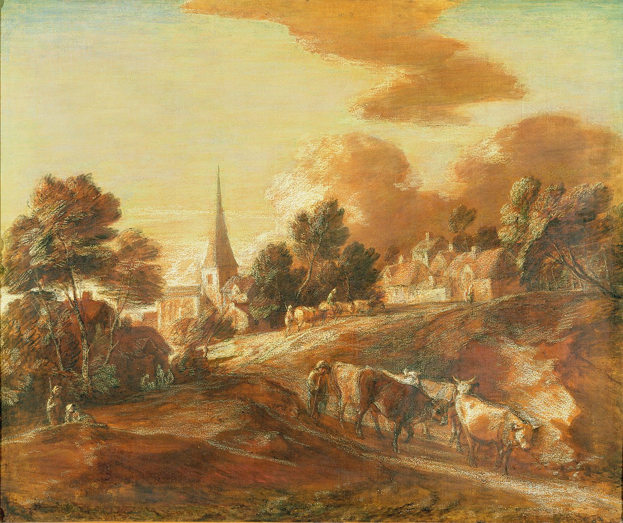 Wyimaginowana zalesiona wioska z poganiaczami i bydłem, ok. 1771-72 (olej i technika mieszana na papierze na płótnie) autorstwa Thomas Gainsborough