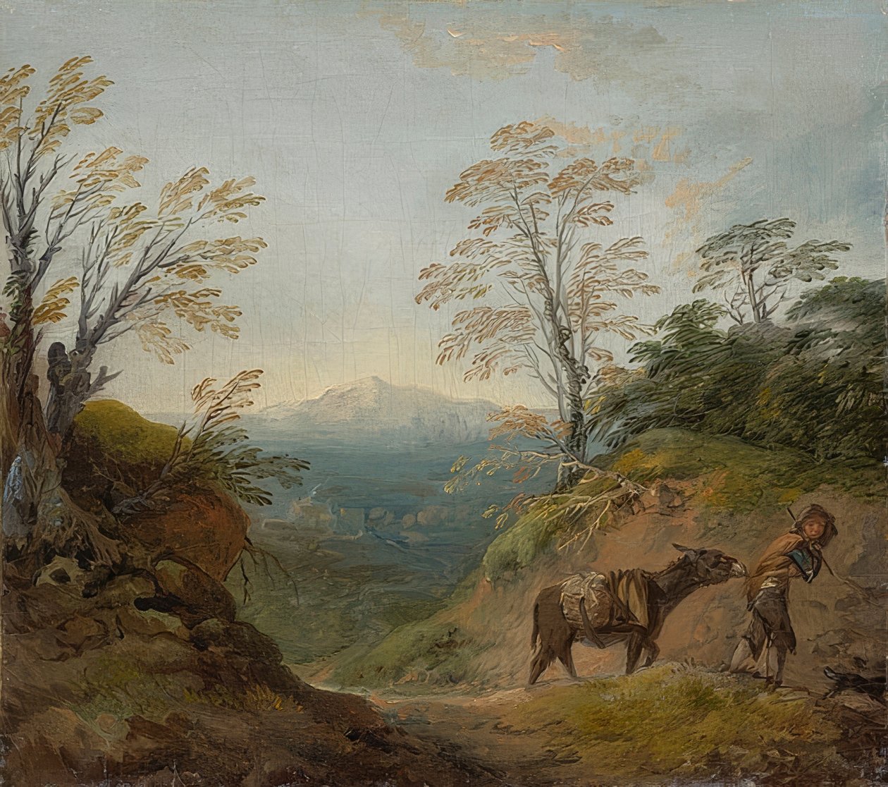 Zalesiony pejzaż z chłopcem prowadzącym osła i psa oraz rozległa panorama budynków i odległych wzgórz. Wczesne lata 60. XVII wieku autorstwa Thomas Gainsborough
