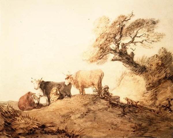 Bydło z poganiaczami i psem pod drzewem (akwarela) autorstwa Thomas Gainsborough