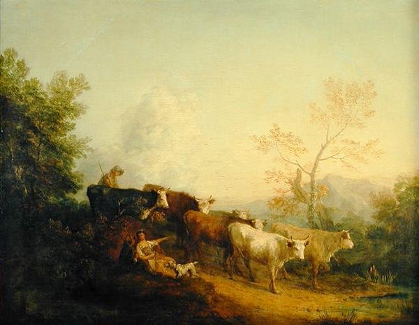 Pasterze pędzący bydło w kierunku słupa (olej na płótnie) autorstwa Thomas Gainsborough