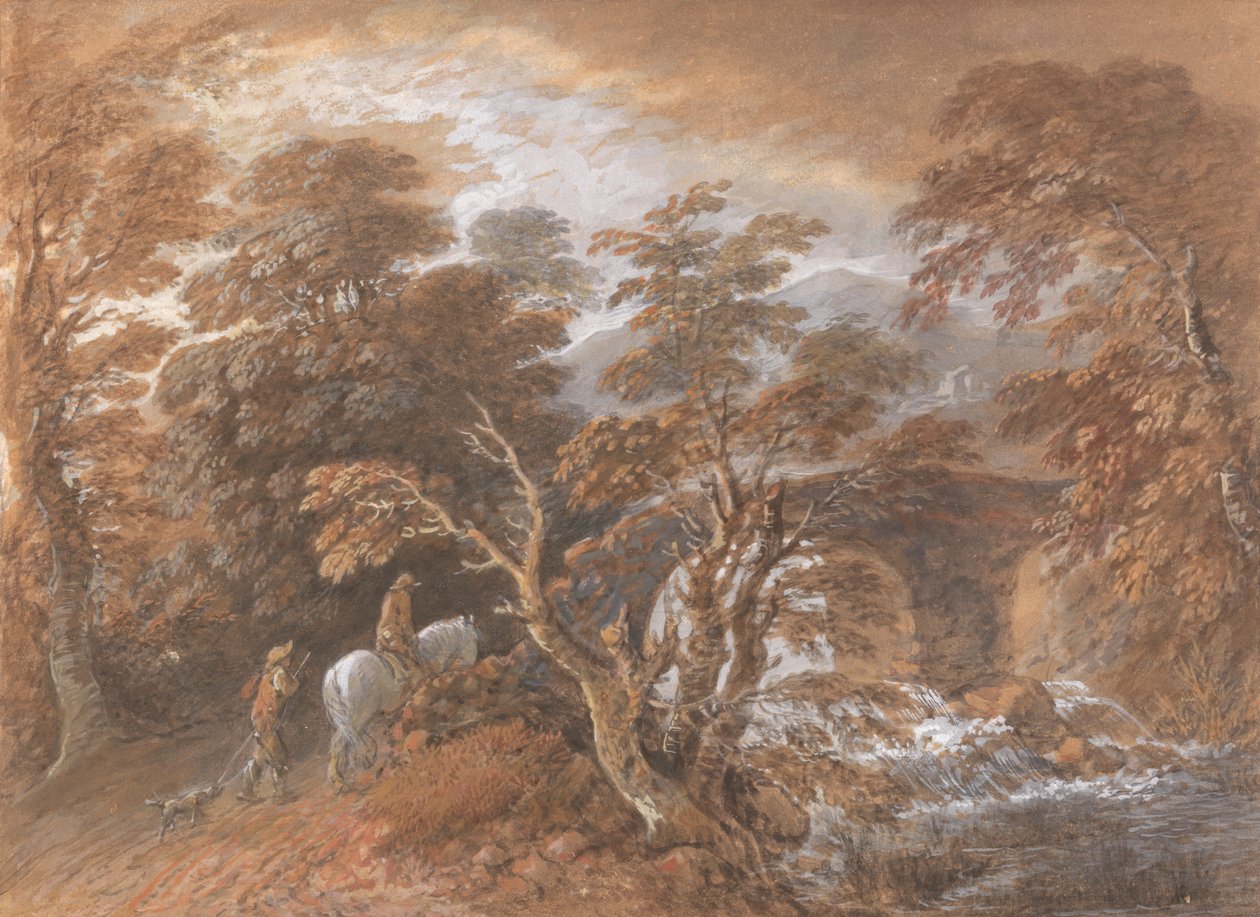 Pagórkowaty krajobraz z postaciami zbliżającymi się do mostu autorstwa Thomas Gainsborough