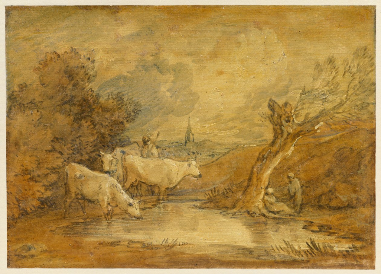 Landschaft mit Figuren, Hirte und Vieh an einem Teich, und ferne Kirche autorstwa Thomas Gainsborough
