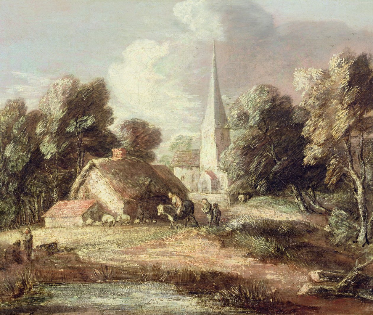 Pejzaż z kościołem, chatą, wieśniakami i zwierzętami, ok. 1771-2 (olej na płótnie z czarną kredą) autorstwa Thomas Gainsborough