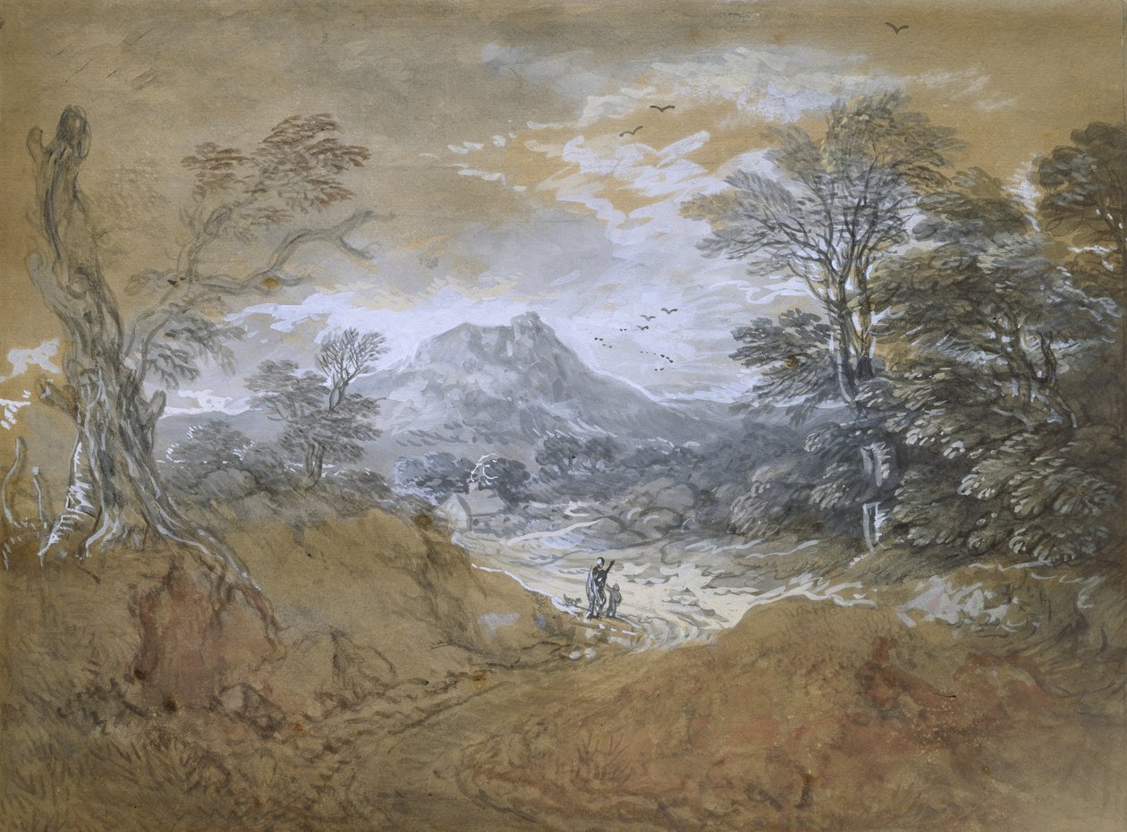 Pejzaż z drogą na skraju lasu, 1760-65 (akwarela i bodykolor w stosunku do słabo widocznych śladów grafitu na brązowym papierze) autorstwa Thomas Gainsborough